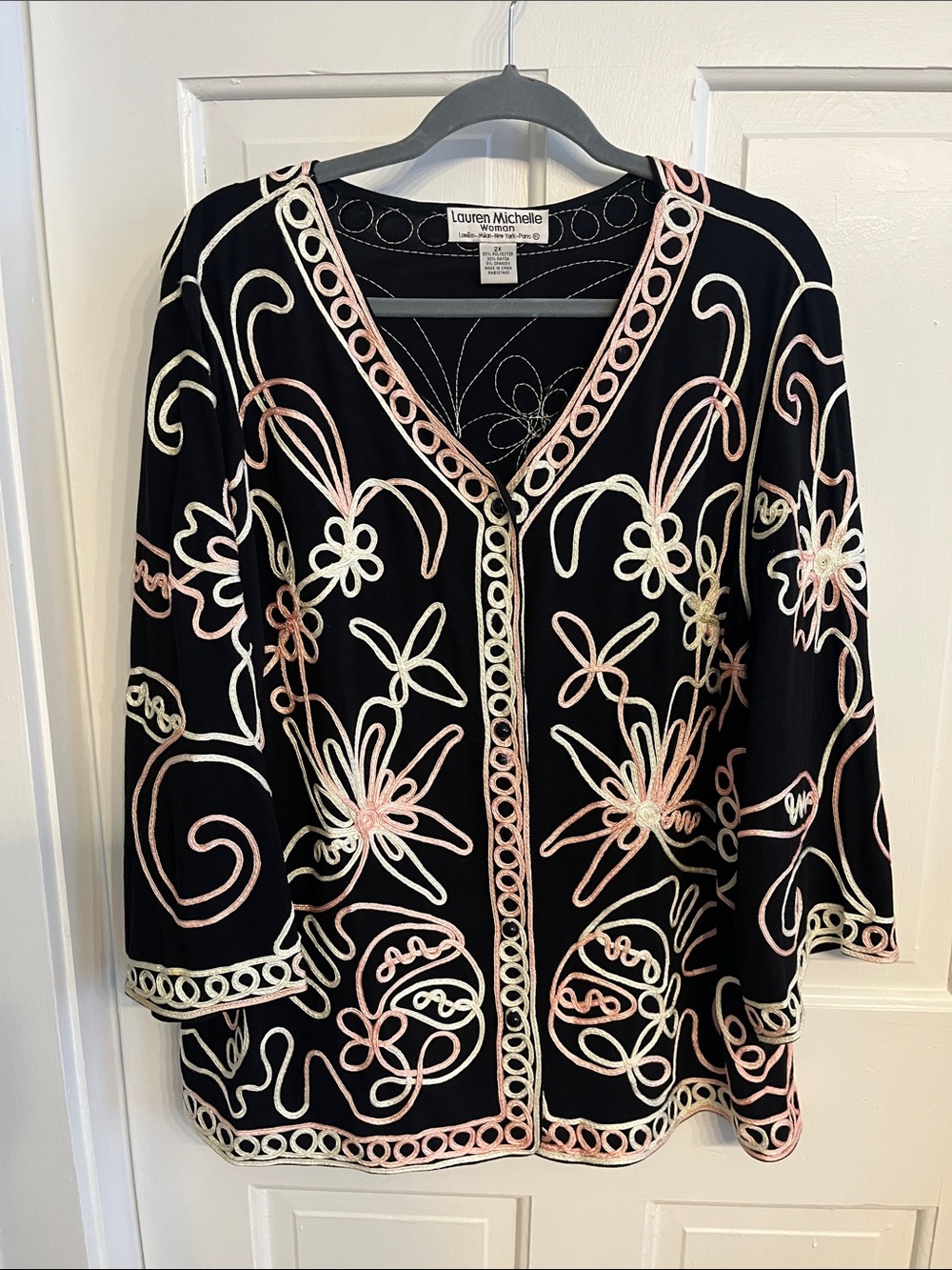 Lauren Michelle Woman 2X Black Blush White Soutache Trim Jacket